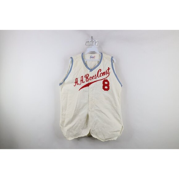 Vintage 50s Mens 42 Distressed Chain Stitch Sleeveless Baseball Jersey White USA